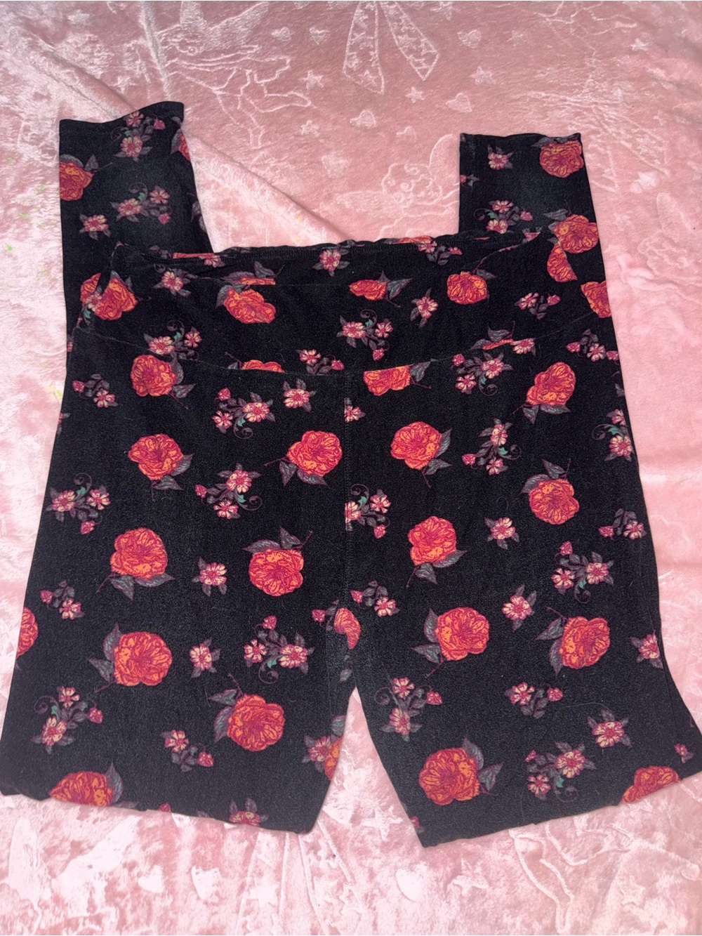 LuLaRoe Black Leggings with Red Rose & Pink Blossom Print